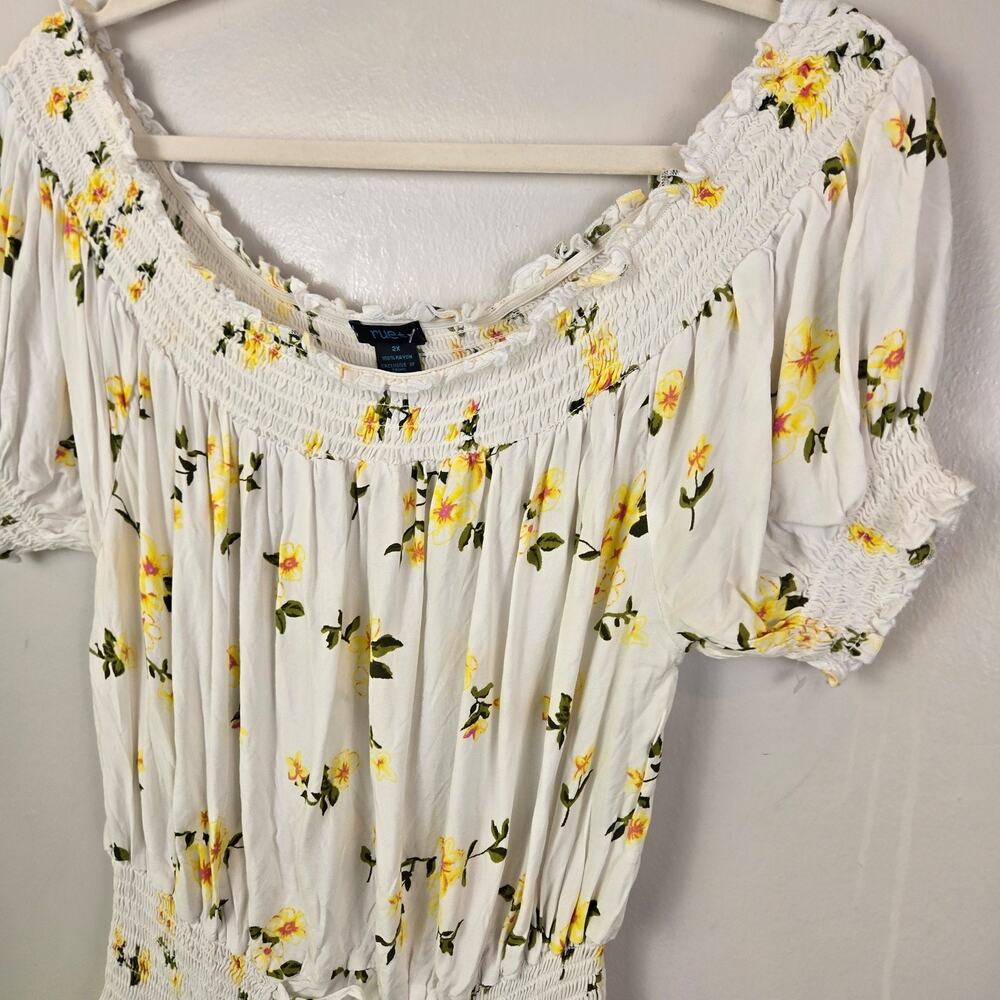PEASANT rue+ Women's White Yellow Floral Off-Shoulder Smocked Blouse Top 2X BOHO - Picture 2 of 7